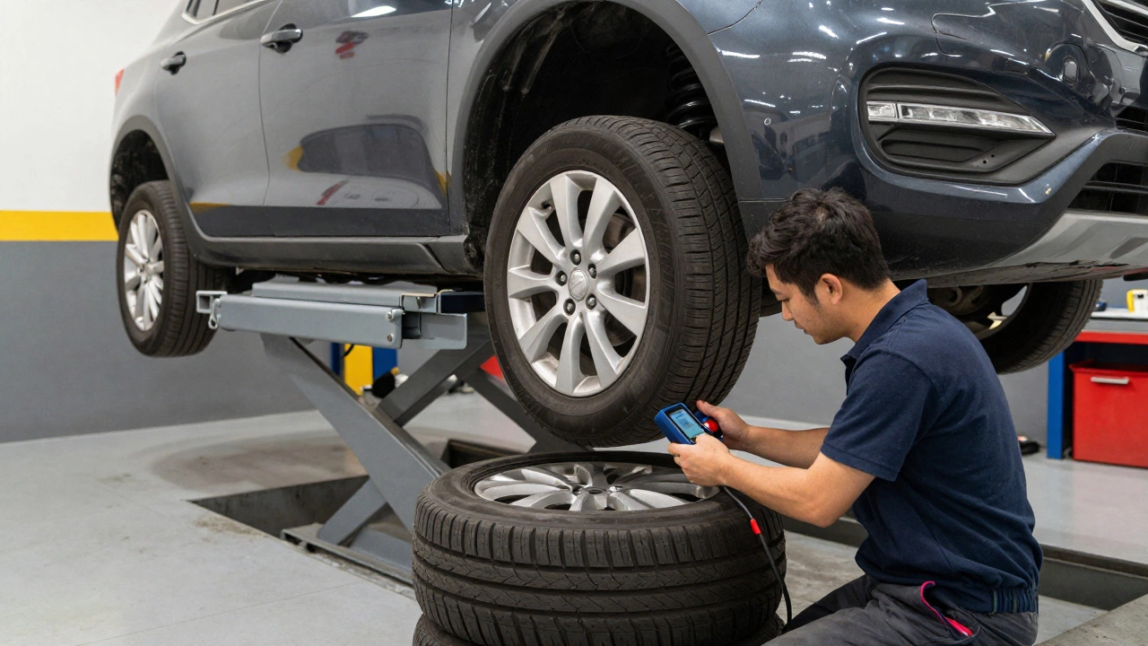 Mechanic checking tire pressure on lifted car in garage