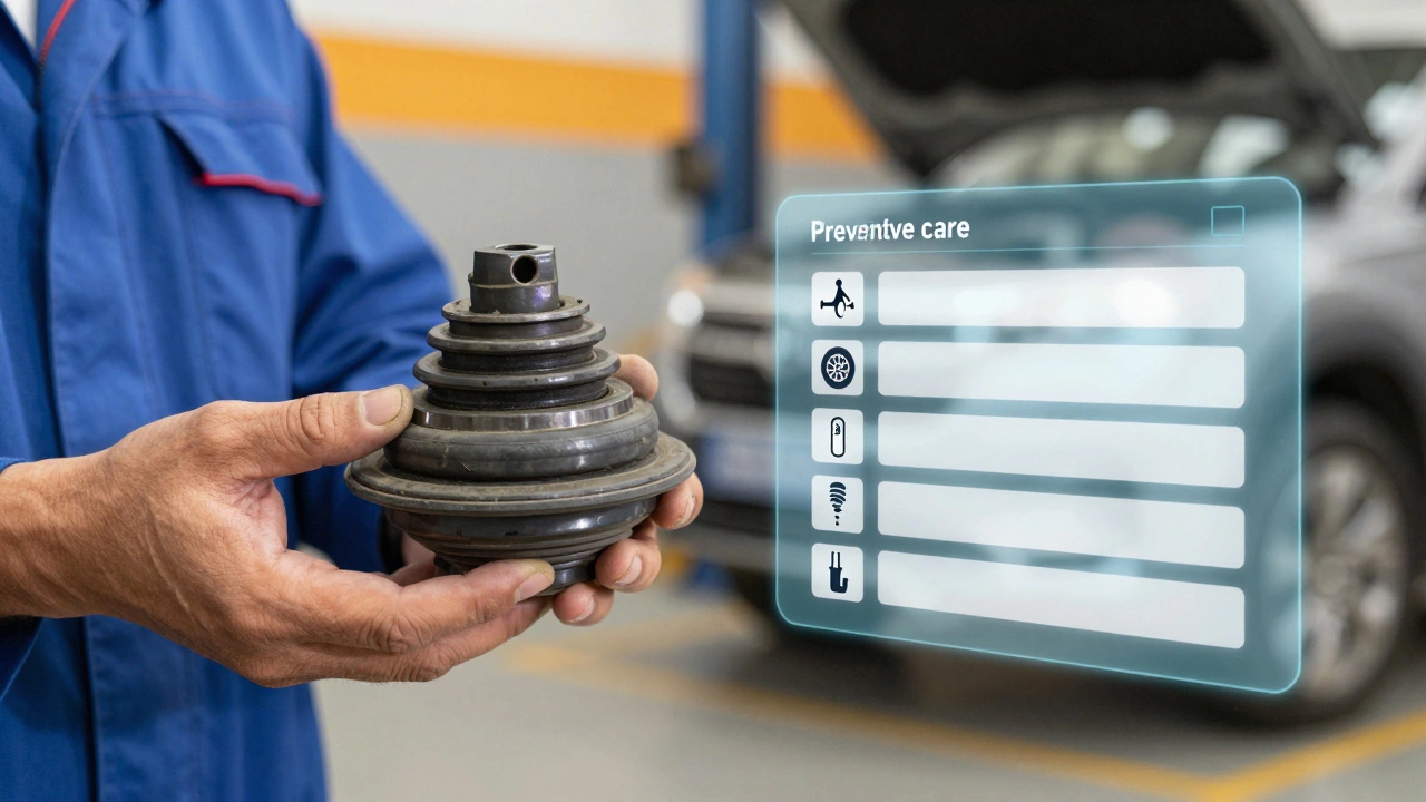 Mechanic comparing old and new suspension parts with maintenance checklist