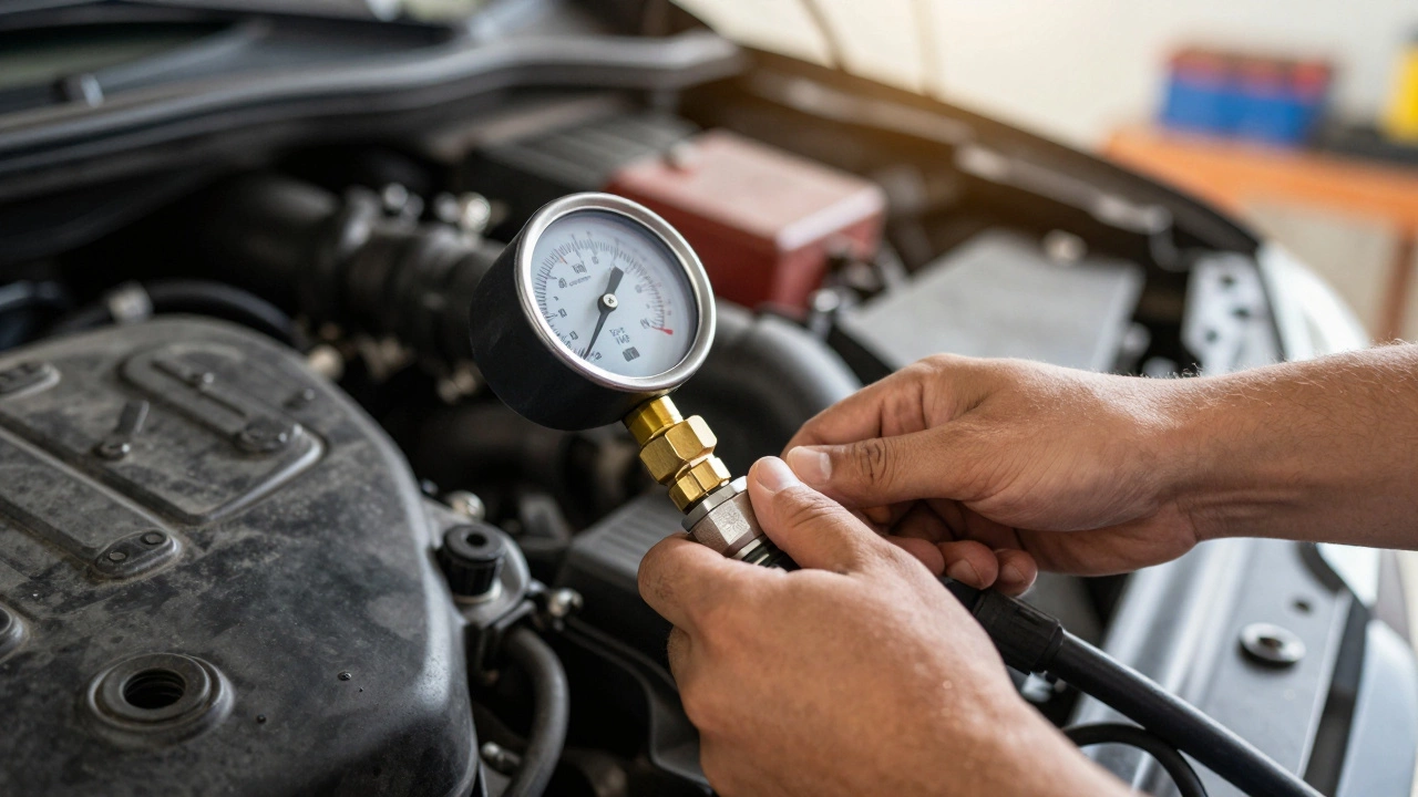 Mechanic connecting fuel pressure gauge to car engine fuel rail