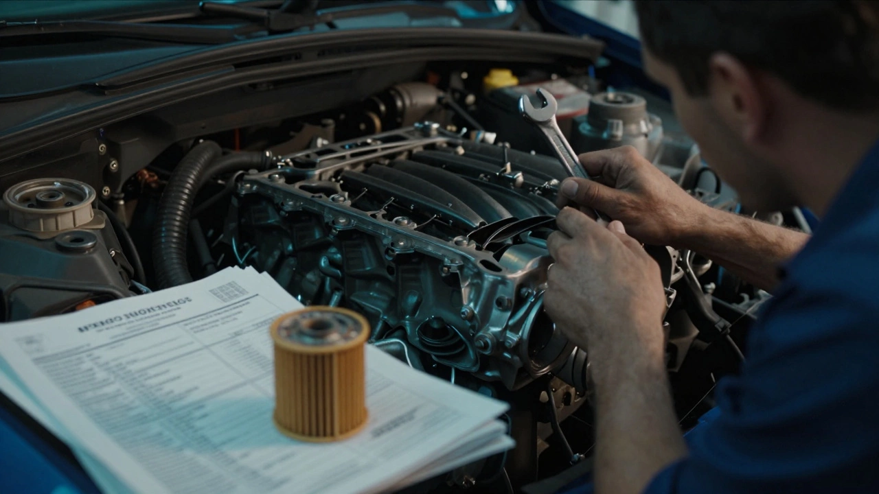 Mechanic inspecting damaged engine with repair costs in foreground
