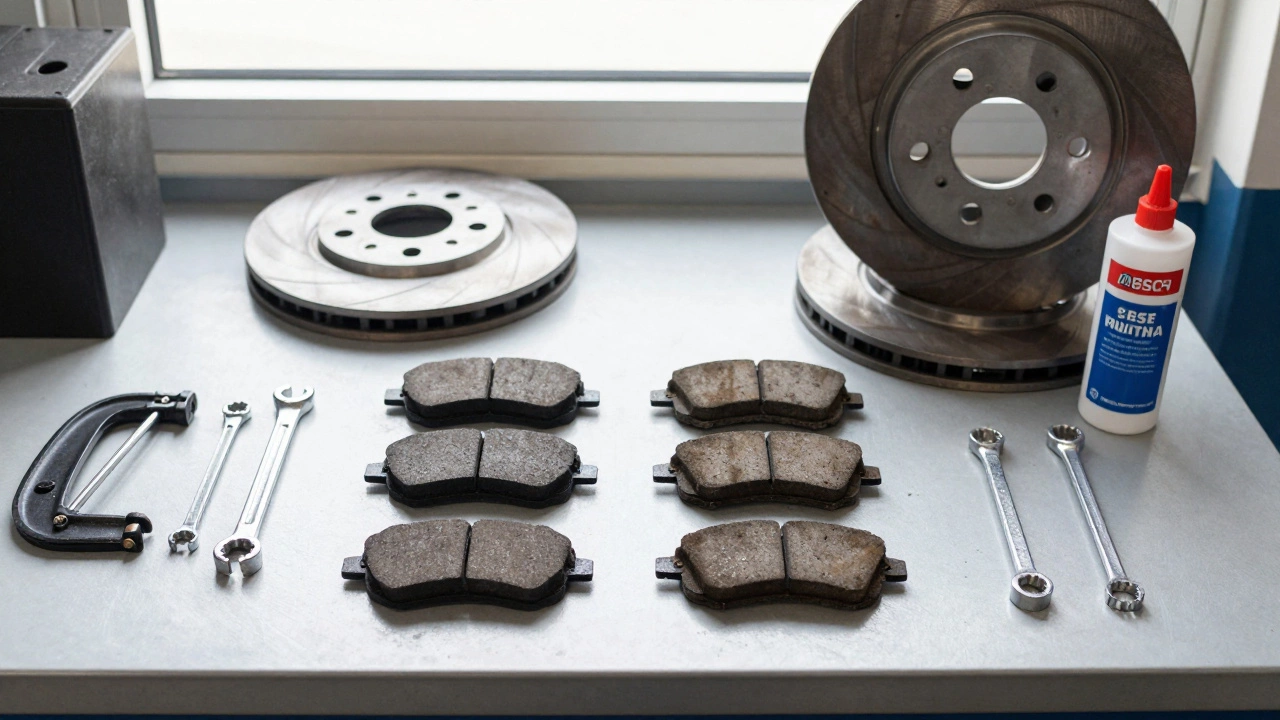 New and old brake pads compared on a mechanic's workbench