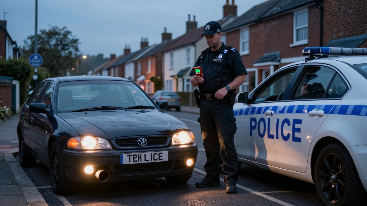 Police officer measuring noise levels of a loud car on a UK street