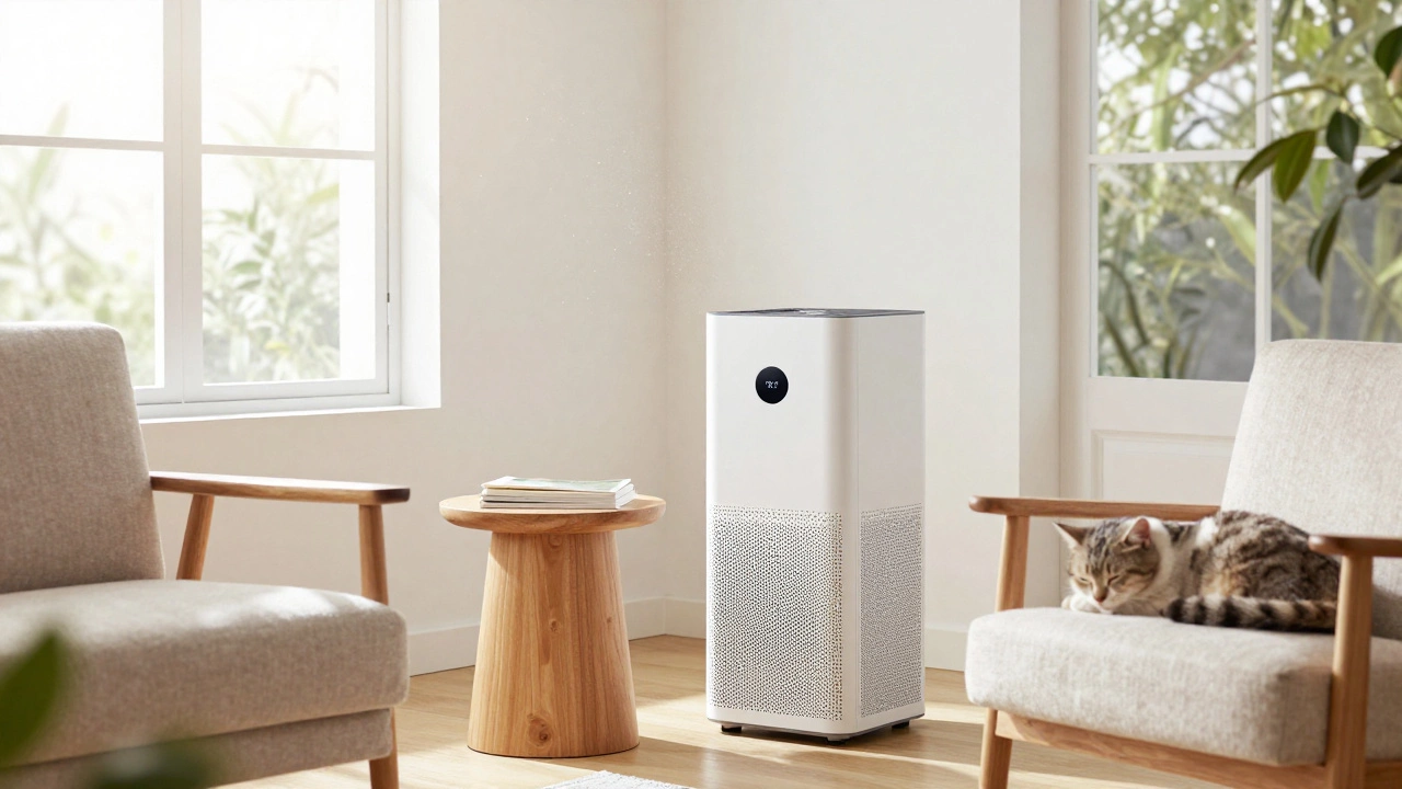 Portable HEPA air purifier in a sunny, clean living room with a cat