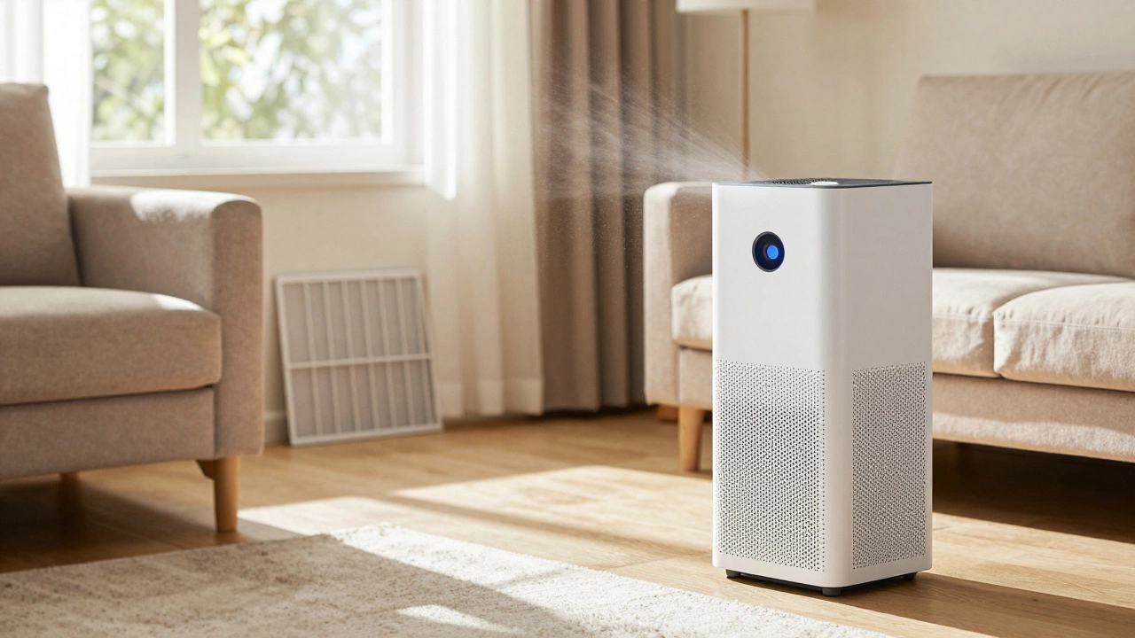 Portable HEPA purifier in living room alongside standard HVAC vent