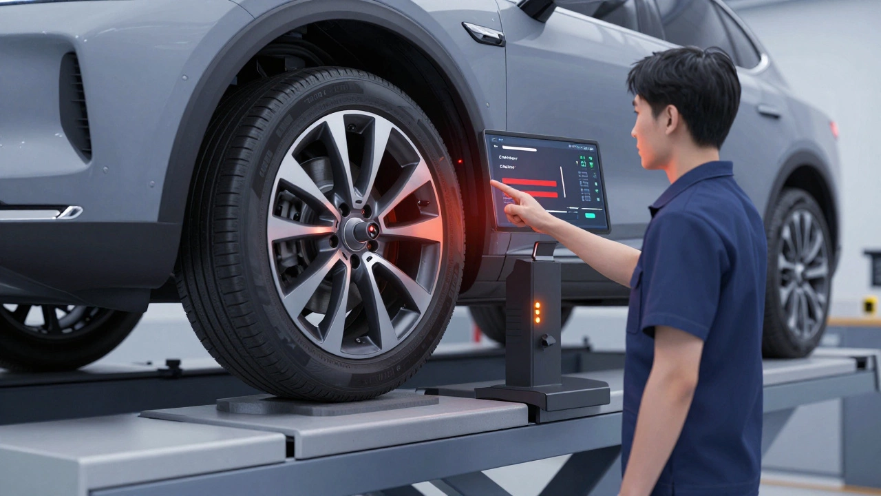 Technician checking alignment data showing camber errors on a digital display.