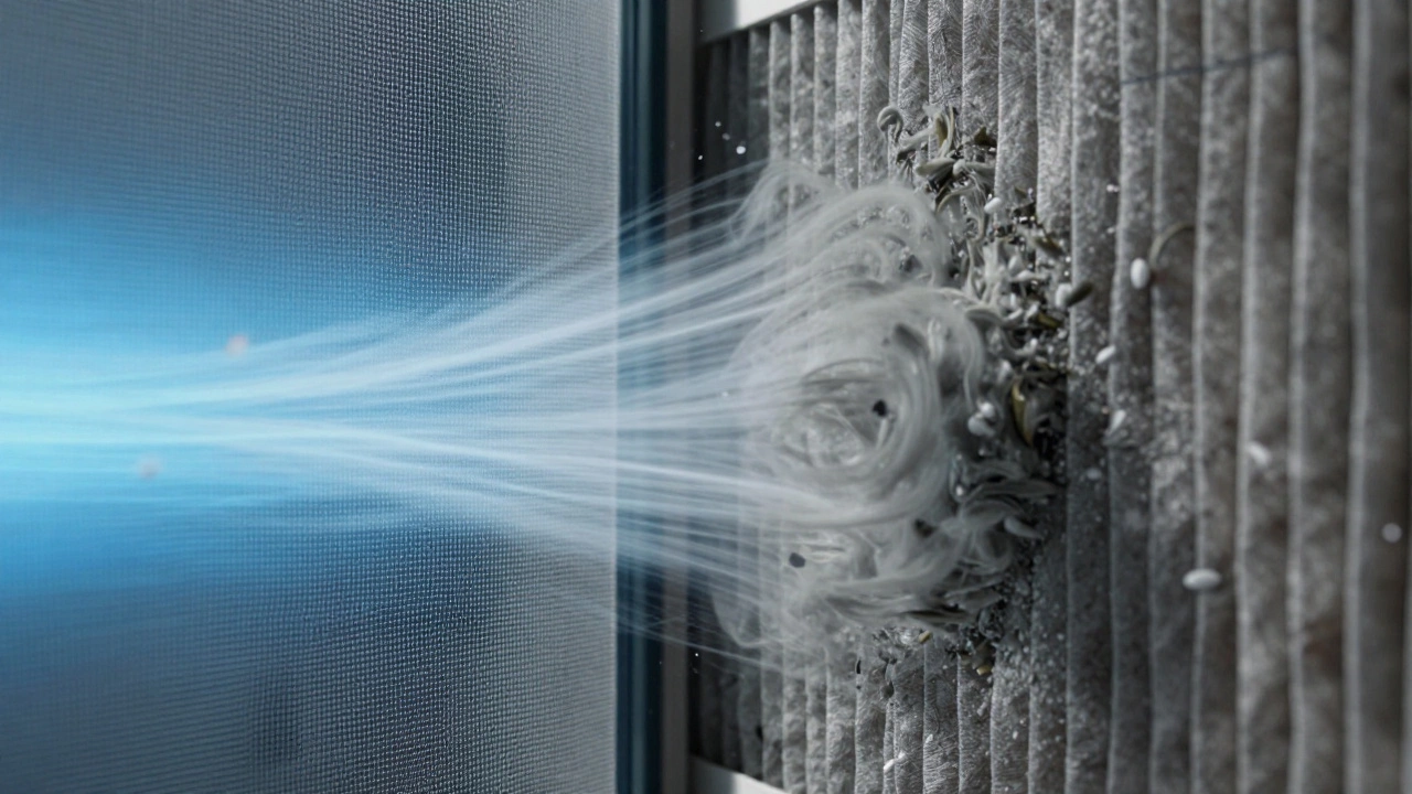 Visual comparison of smooth airflow vs restricted flow through dense filters