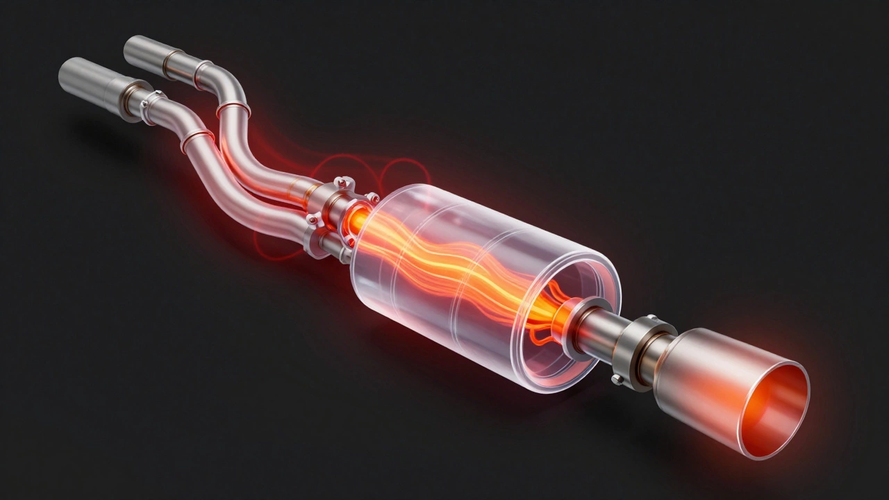 3D cutaway diagram illustrating exhaust gas flow and backpressure concepts