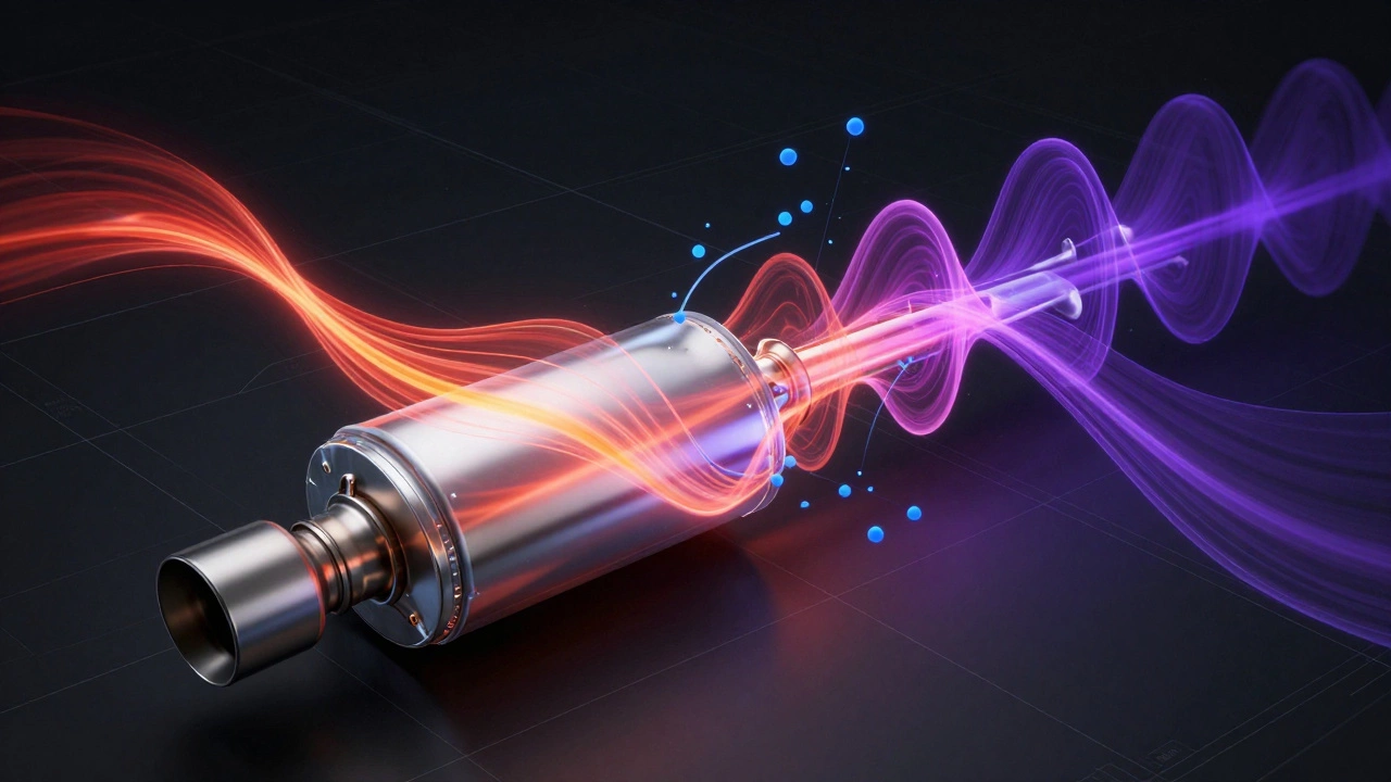 3D graphic showing sound waves traveling through exhaust pipes