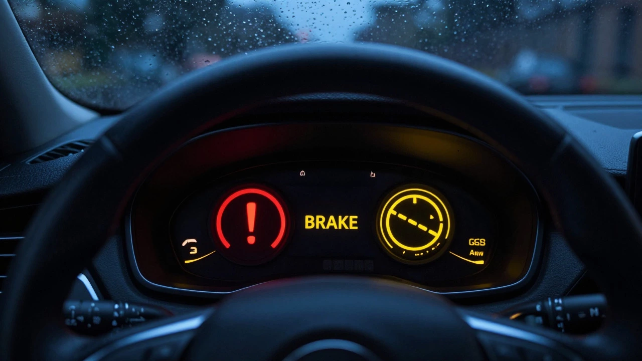 Car dashboard showing red brake and yellow ABS warning lights at night
