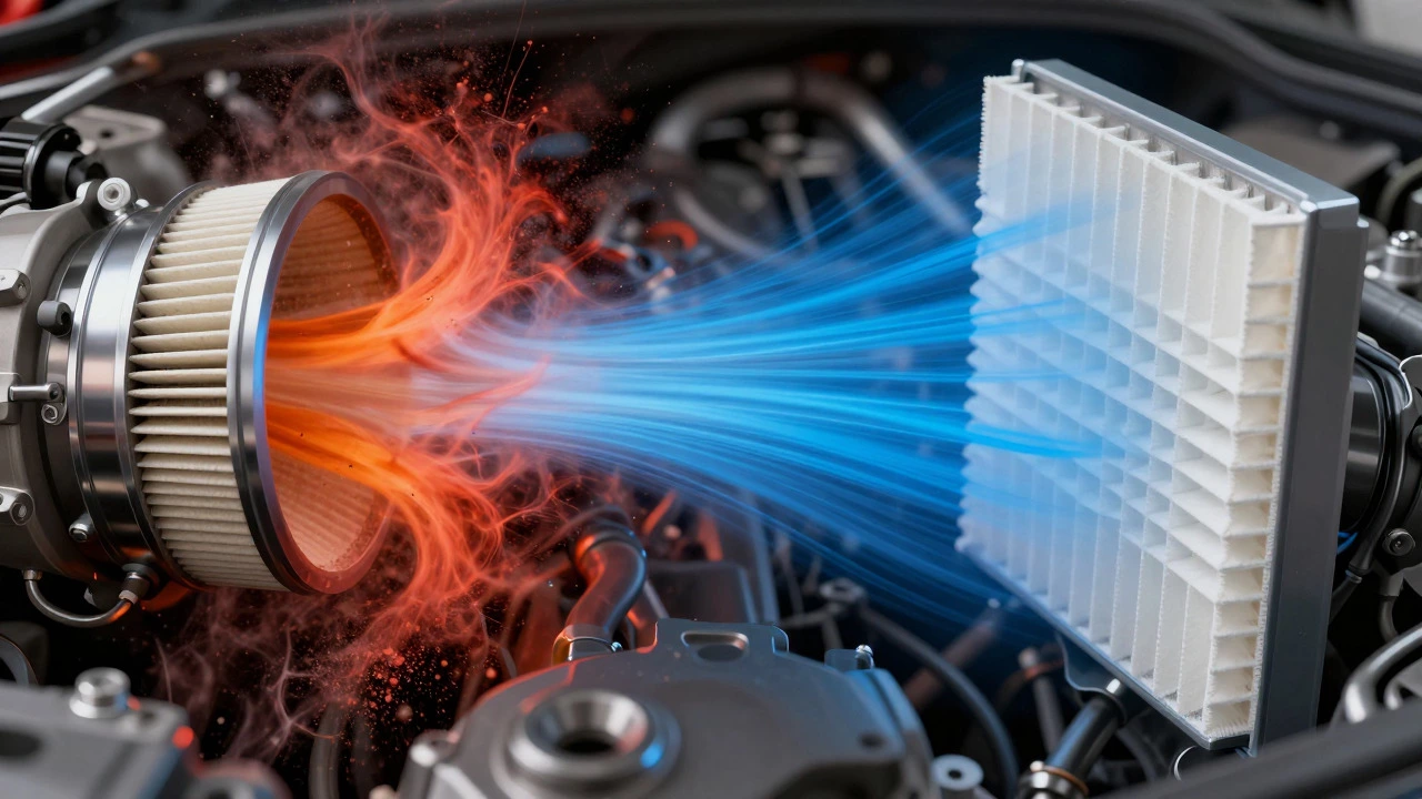 Comparison of turbulent airflow in polarized filters versus smooth flow in paper filters.
