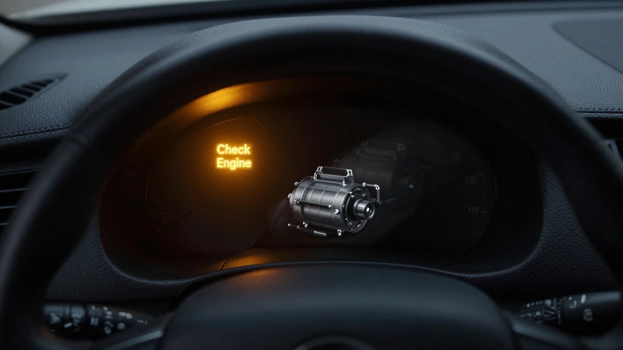 Dashboard check engine light glowing with reflection