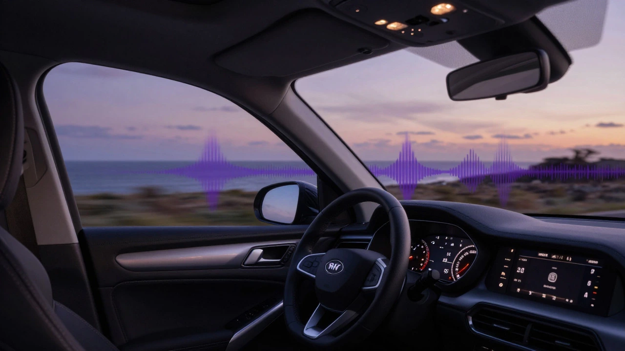 Driver's view inside a car with no engine drone on a UK road