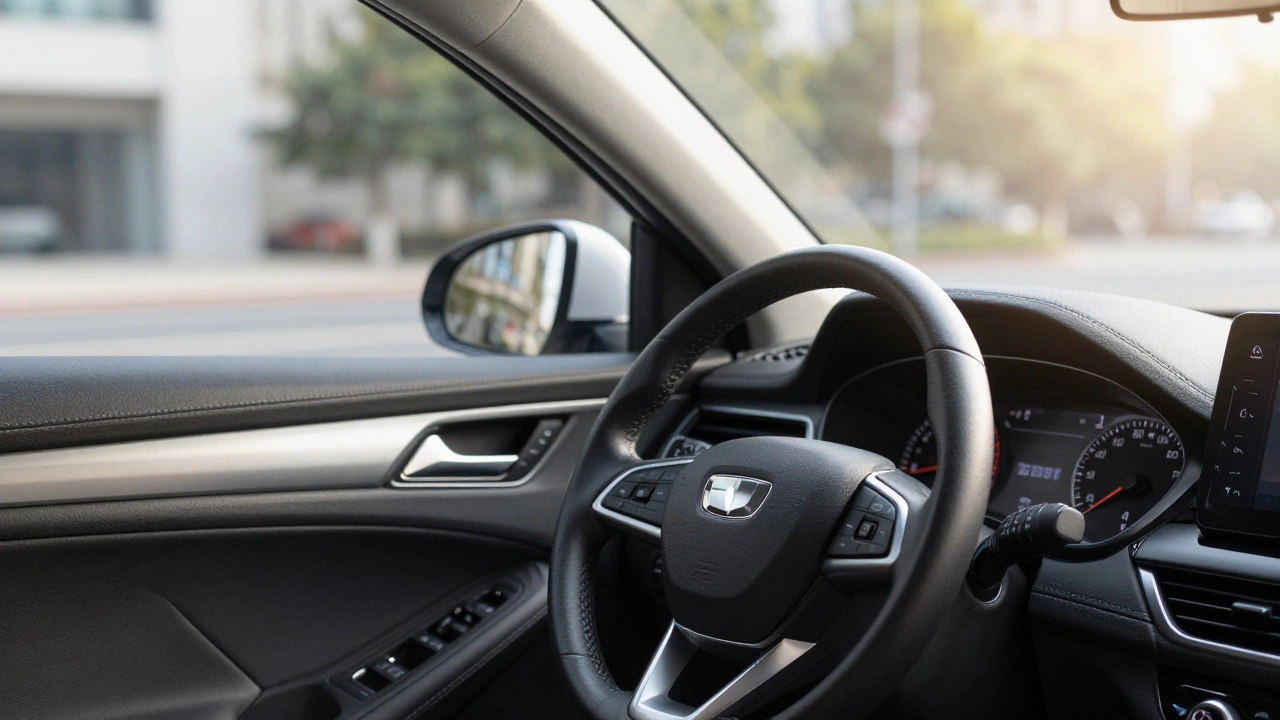 Driver view of steady steering wheel and smooth idle