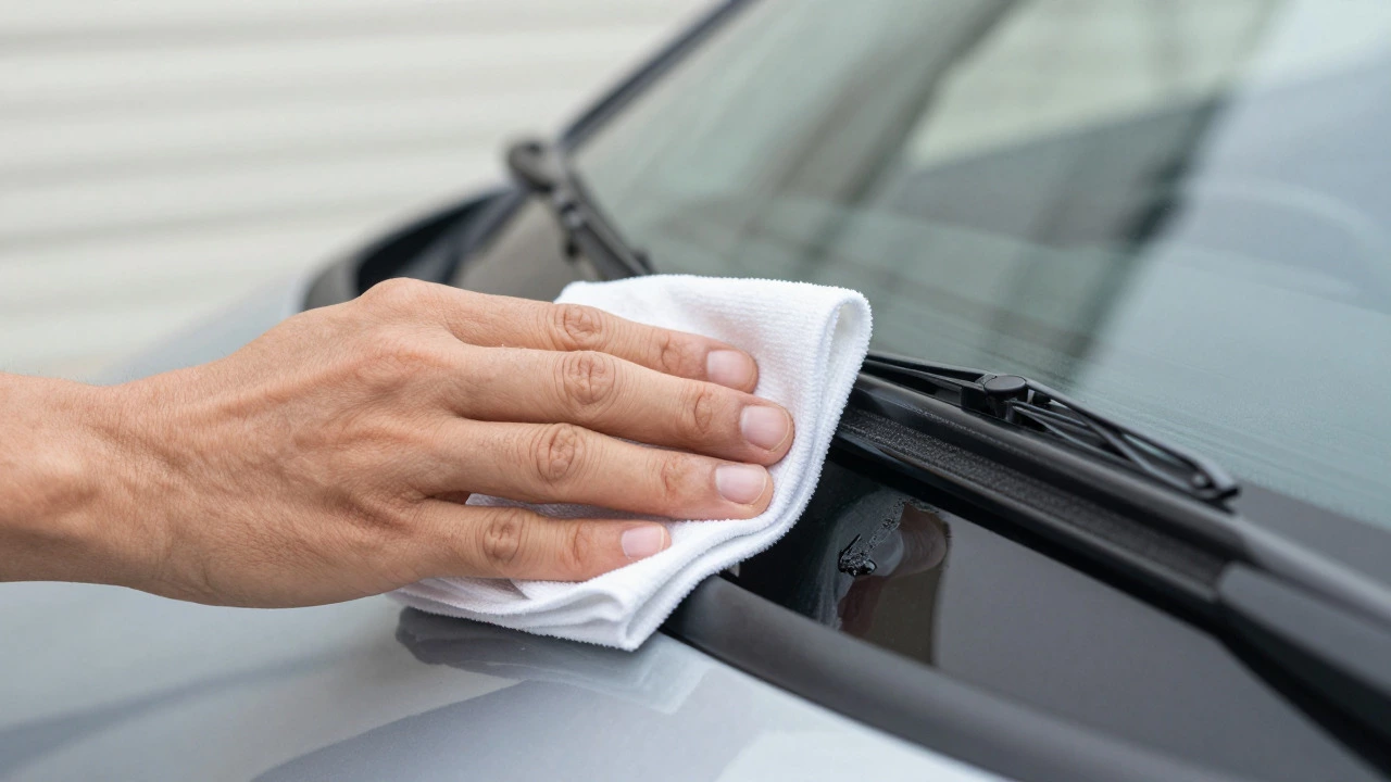 Hand cleaning a wiper blade with alcohol cloth