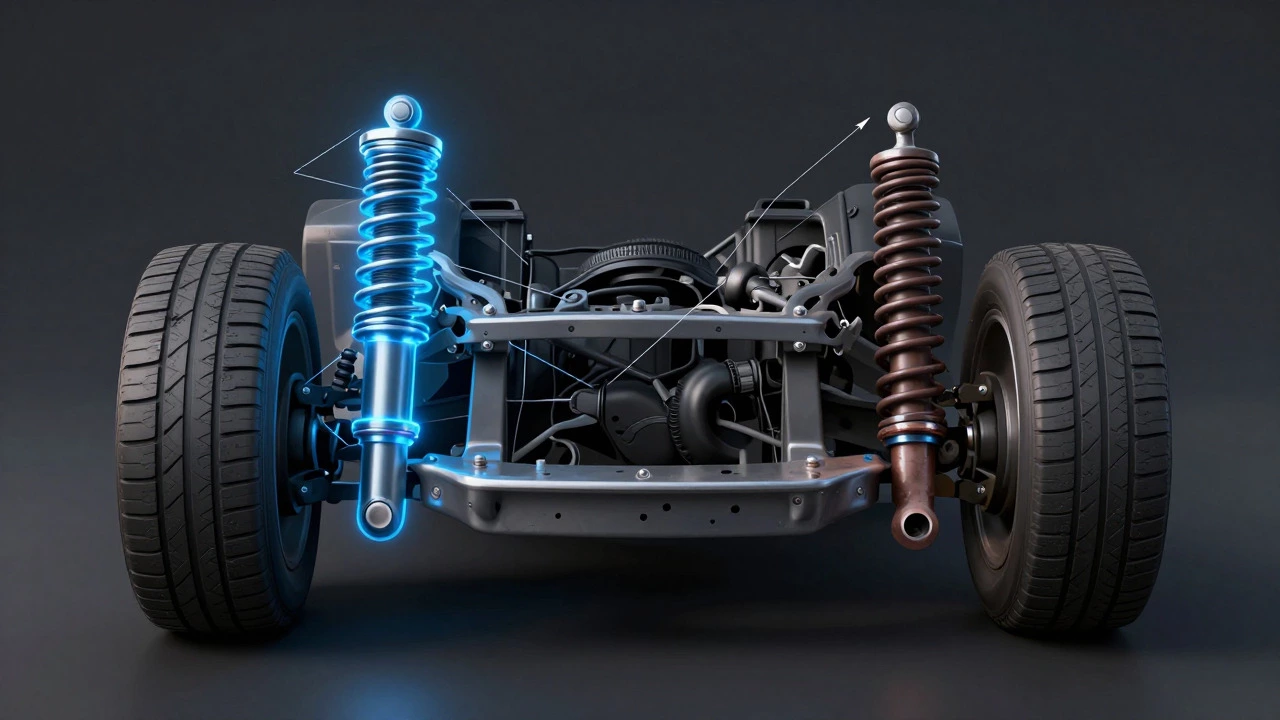 Illustration showing uneven suspension damping causing car handling imbalance