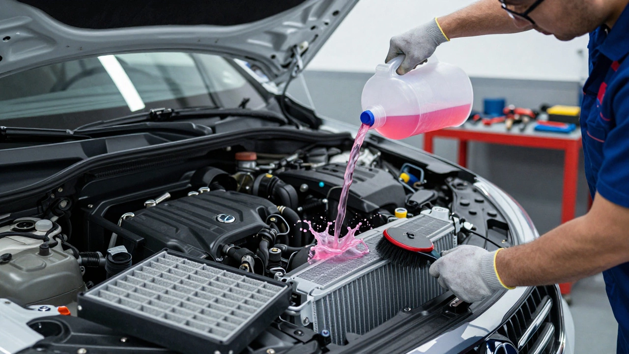 Mechanic flushing coolant in a garage