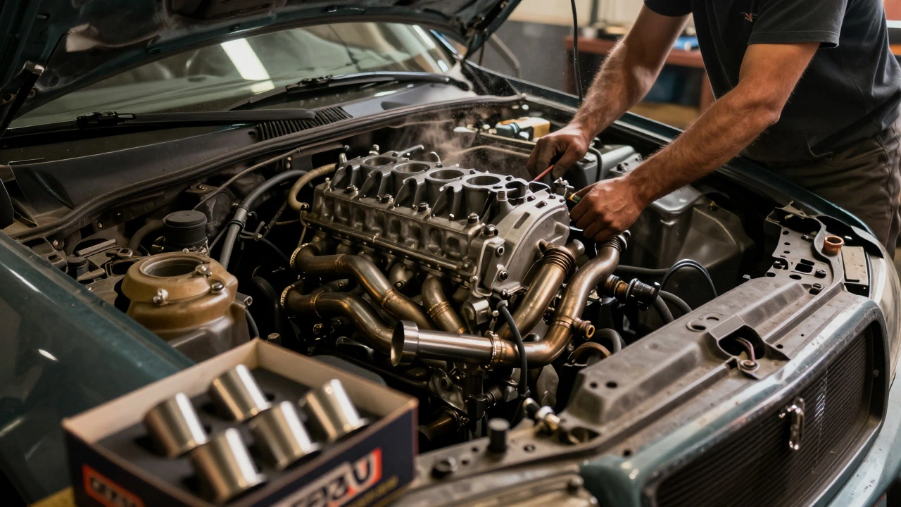 Mechanic installing performance headers in a workshop, ignoring cosmetic tips