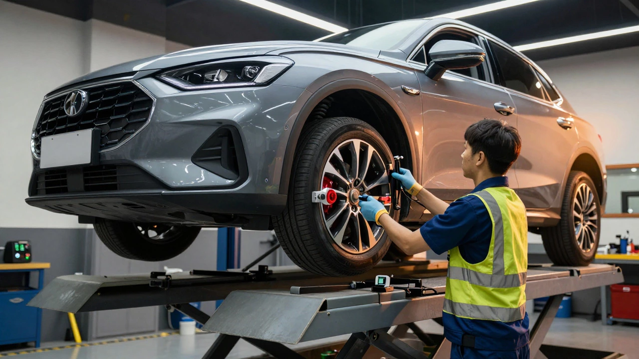 Mechanic performing wheel alignment on a car lifted in a garage