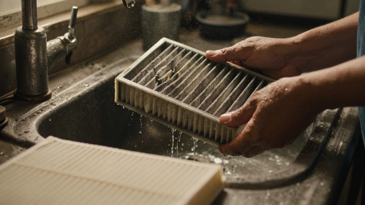 Mechanic washing a polarized filter, risking damage to the electrostatic coating.