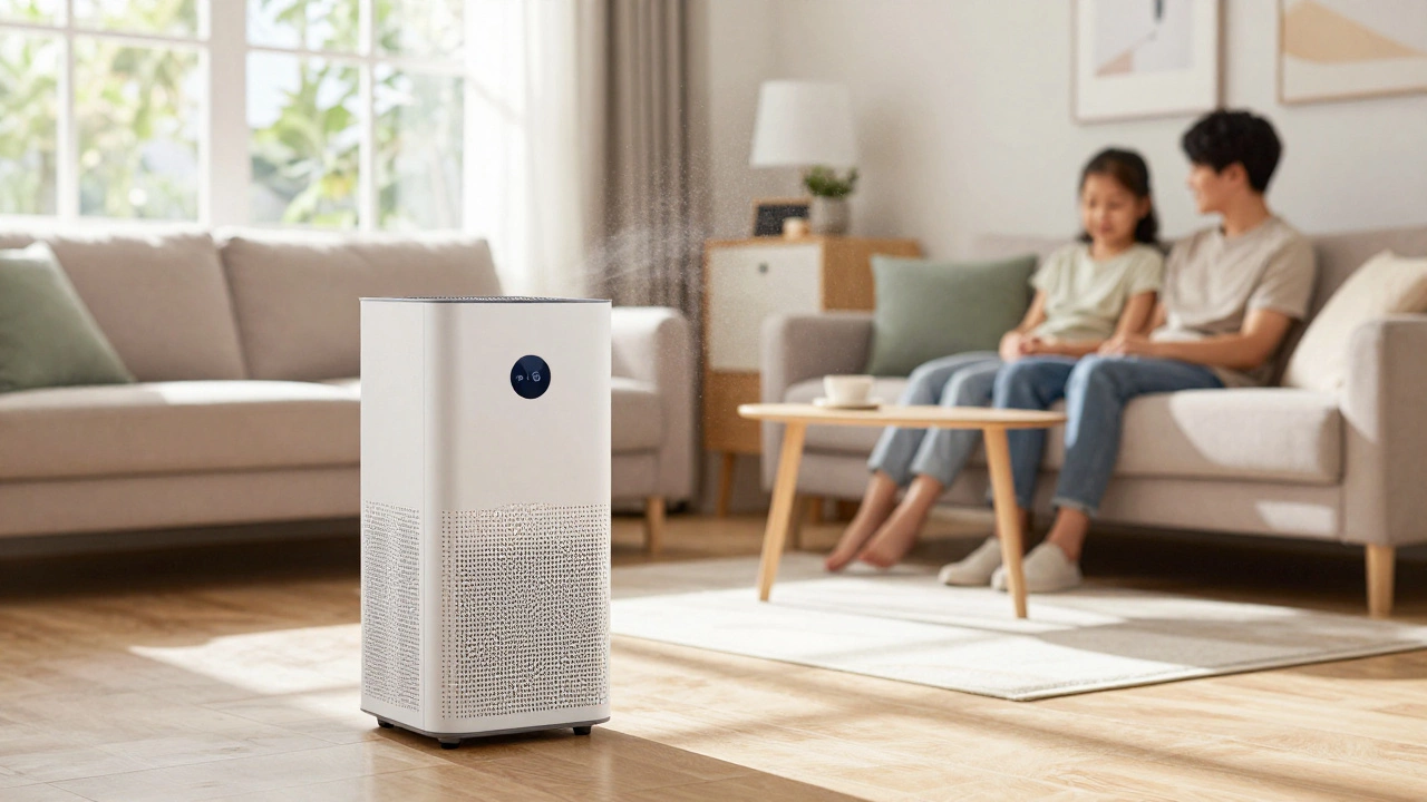 Modern living room with portable air purifier and family