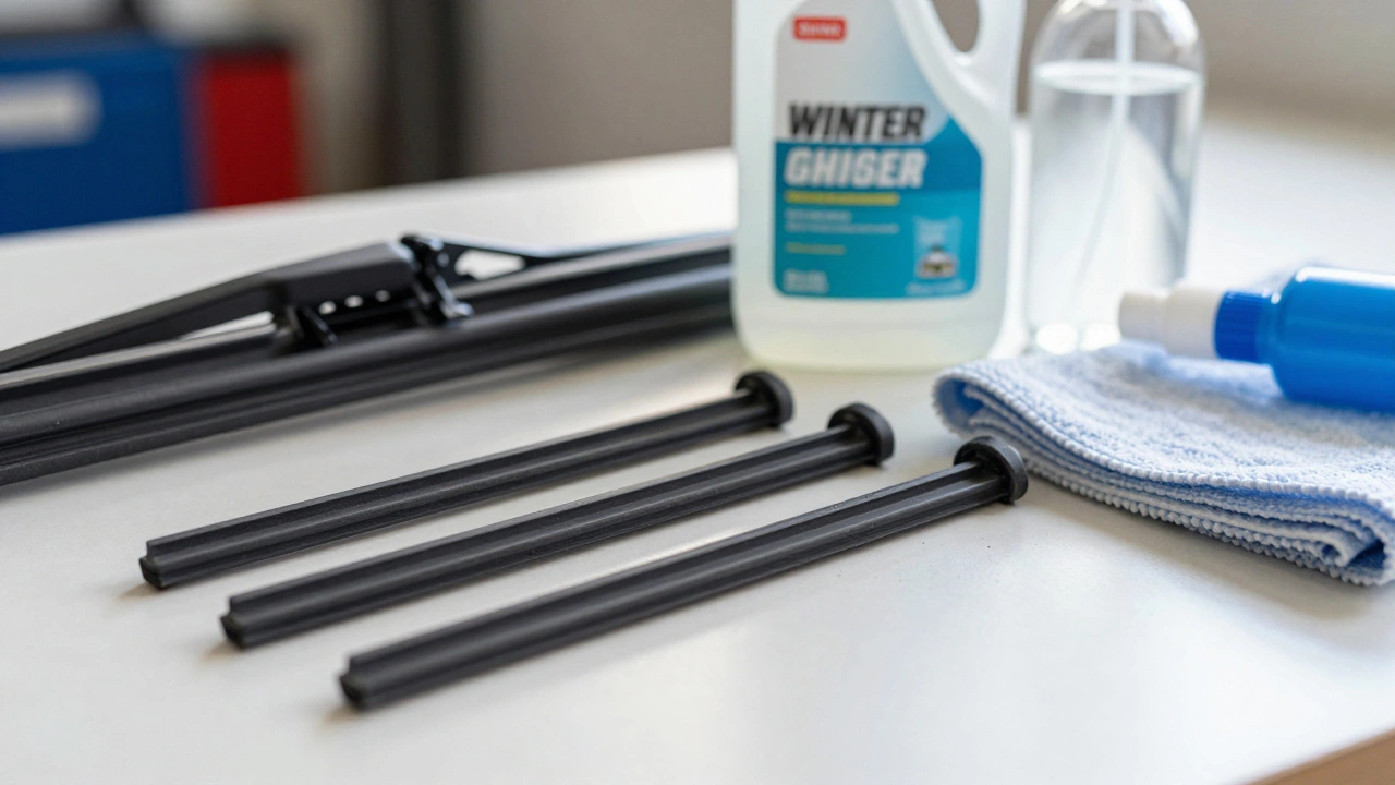 New wiper blades, washer fluid, and cleaning cloth on a workbench