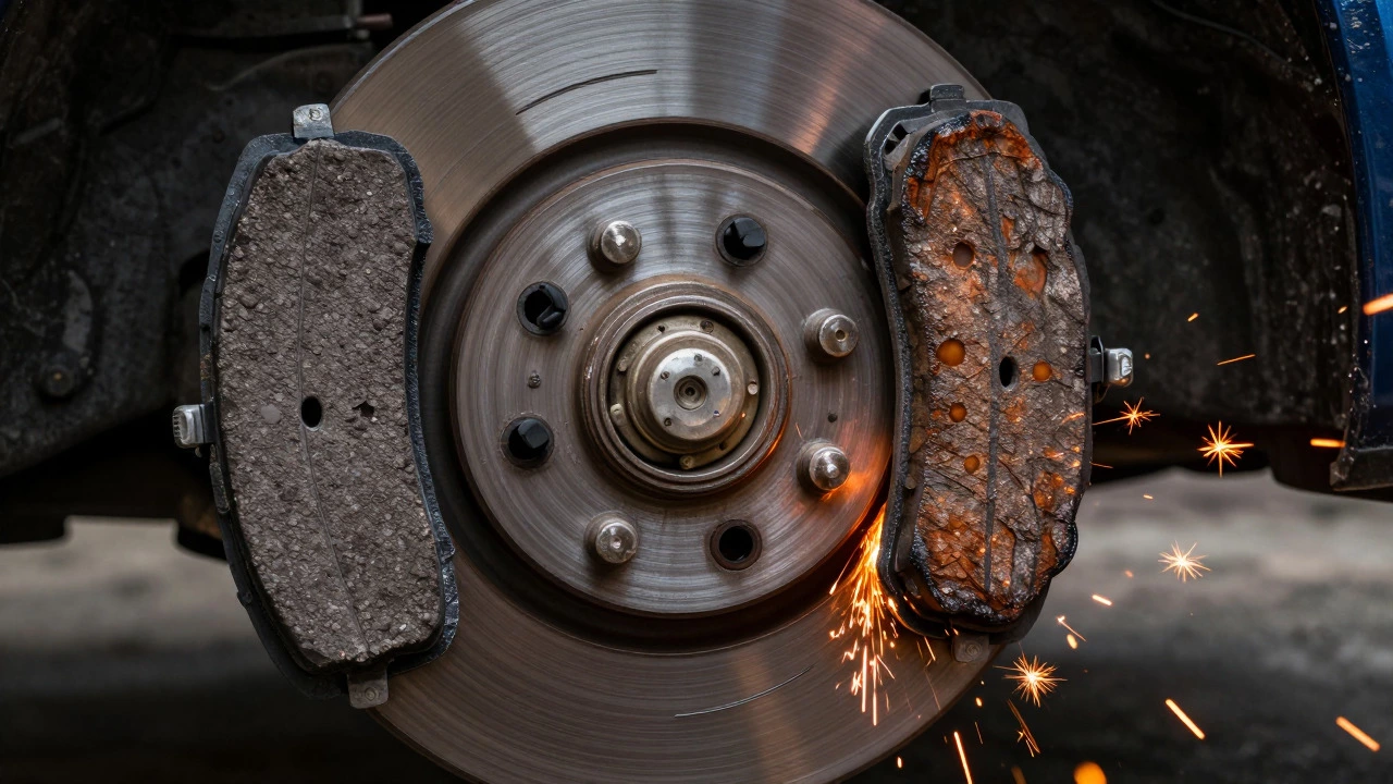 Sparks flying as worn metal brake pad grinds against damaged rotor disc