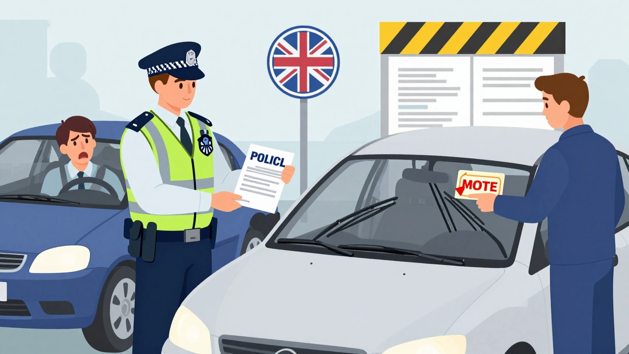 Split image showing police fine and MOT failure due to broken car wipers