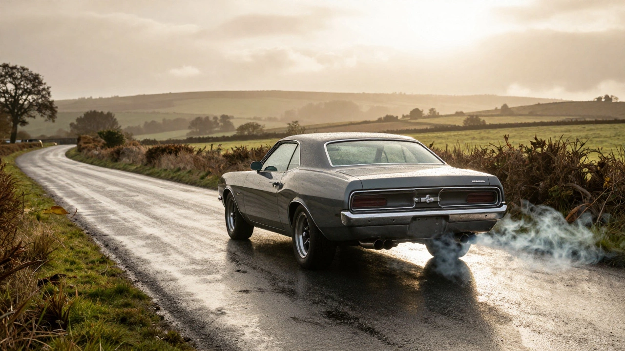 Sports car on wet UK road with visible exhaust smoke