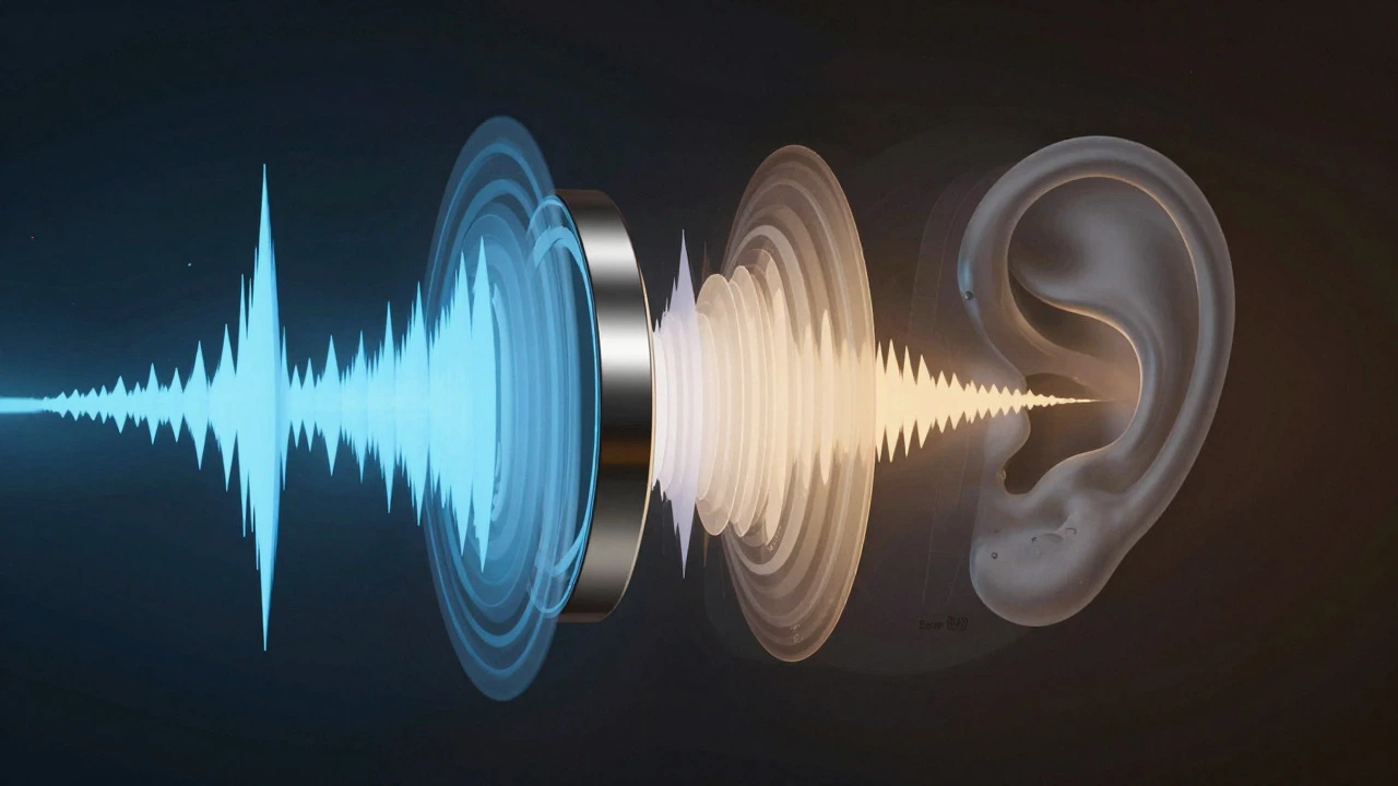 Abstract illustration of sound waves being filtered by an exhaust baffle