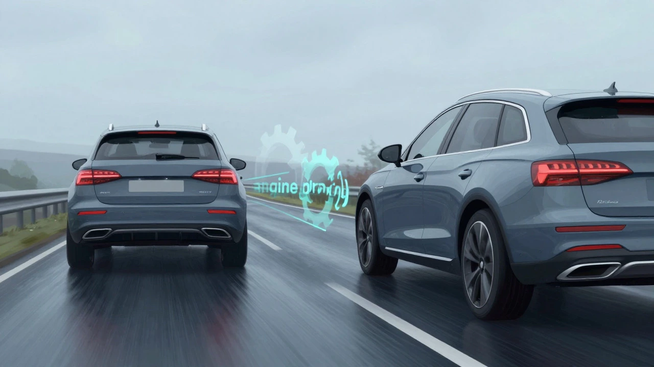 Car driving safely with increased distance on wet road using engine braking