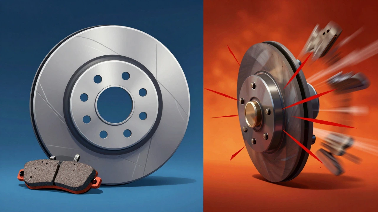 Conceptual art comparing a healthy brake system with a warped rotor causing vibration