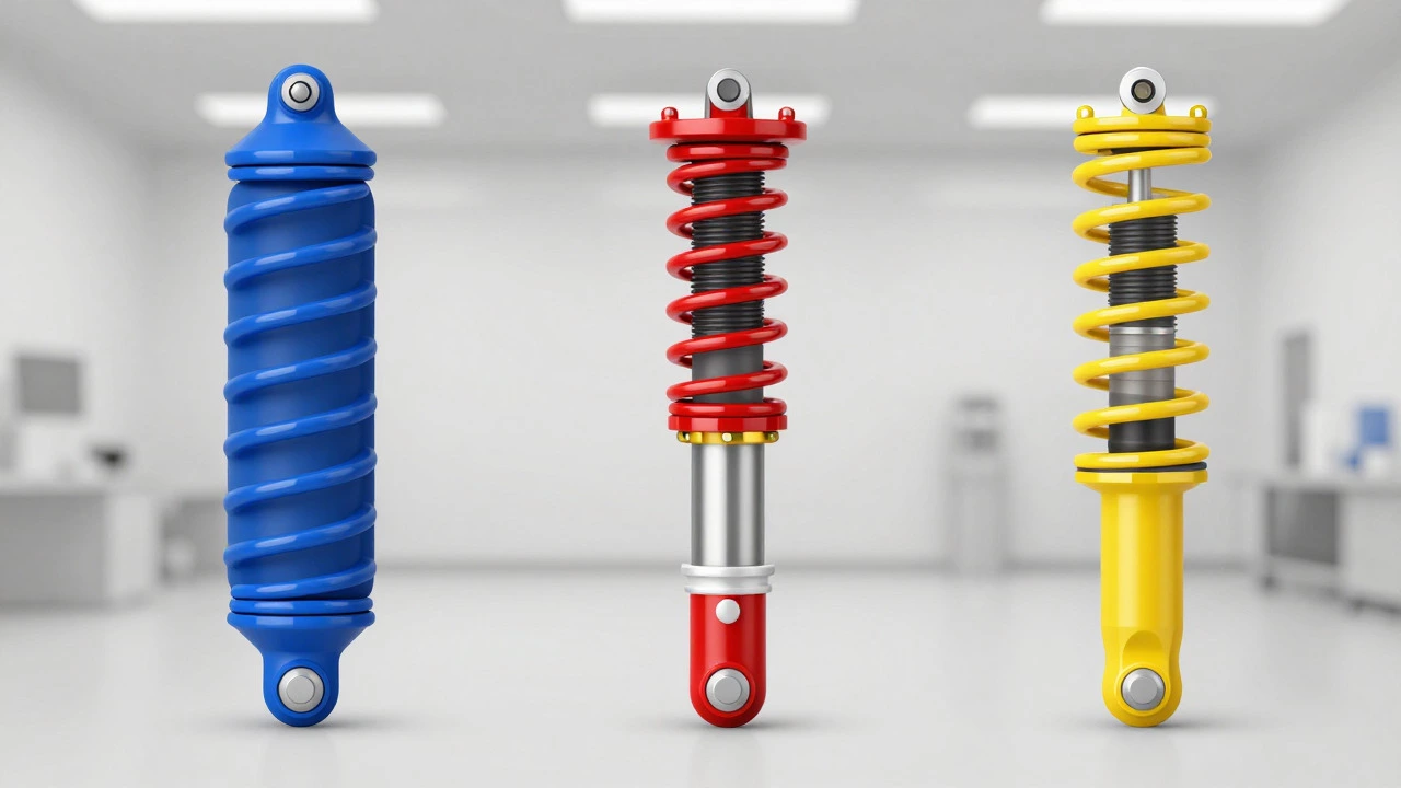 Cross-section diagram comparing air, monotube, and progressive spring suspensions