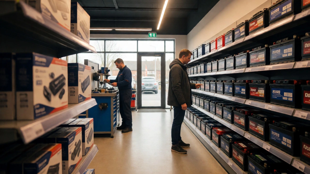 Customer browsing car batteries in an auto parts store aisle