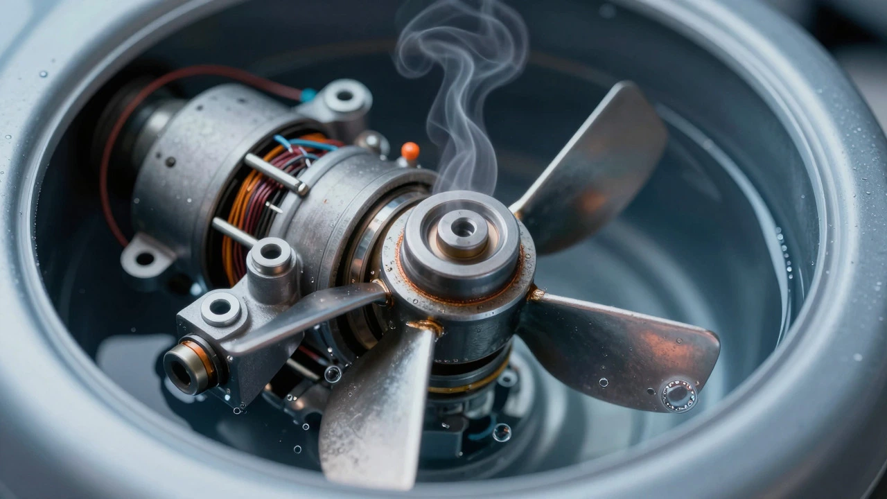 Cutaway view of a fuel pump overheating and straining in a tank