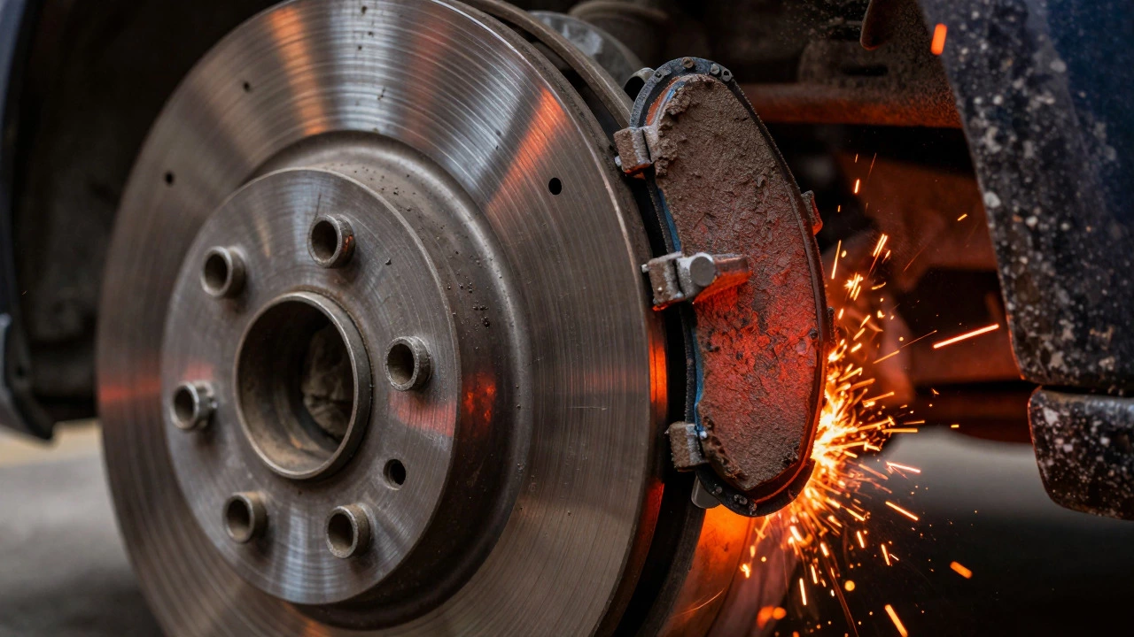 Damaged, scored brake rotor and metal debris indicating severe wear