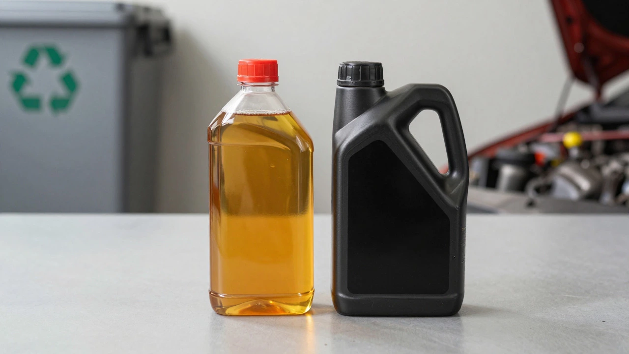 Fresh amber oil vs dark used oil bottles on workbench