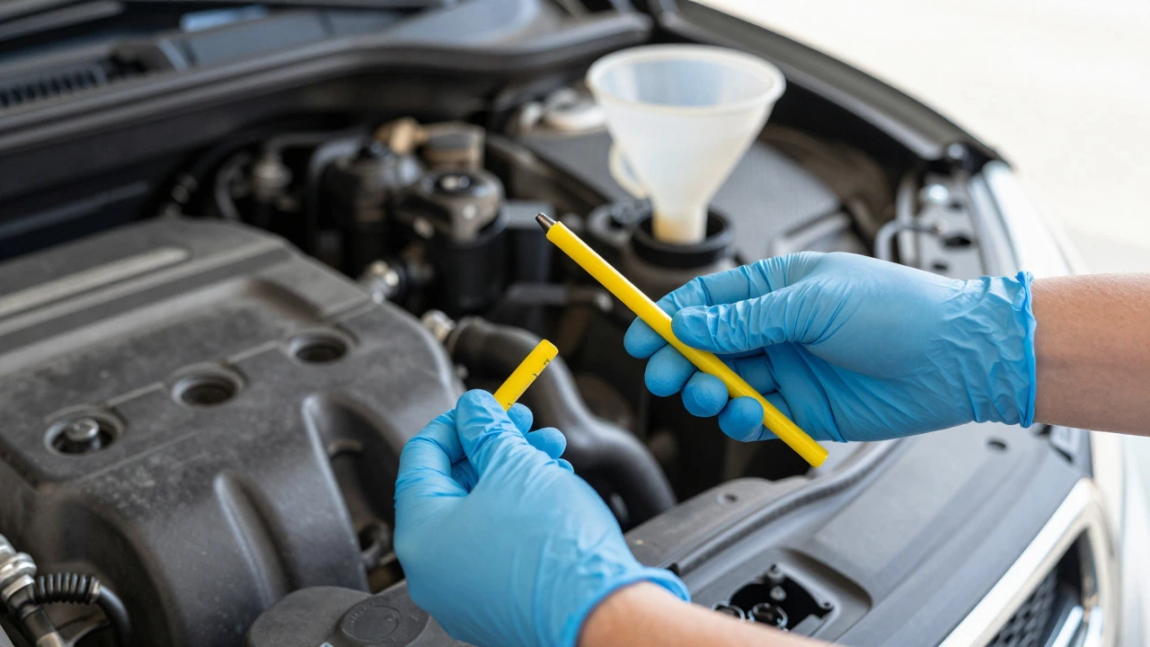 Hands checking engine oil level with dipstick