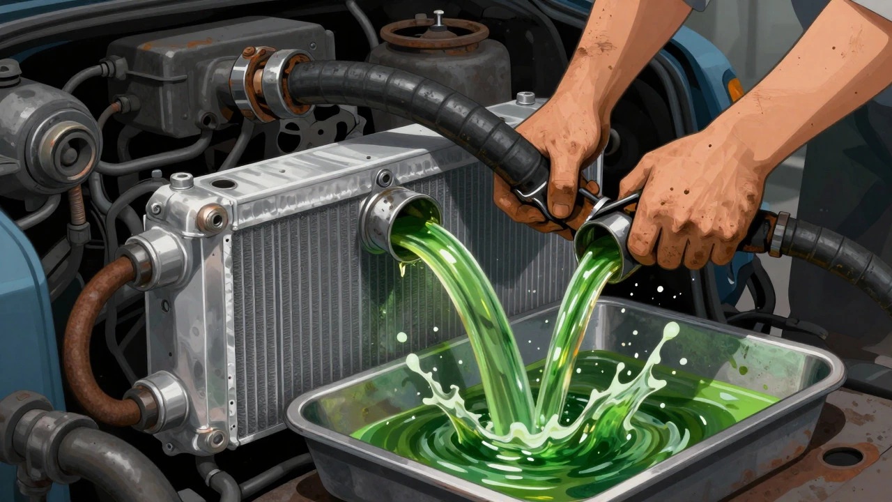 Hands struggling to remove a hose while coolant spills into a tray