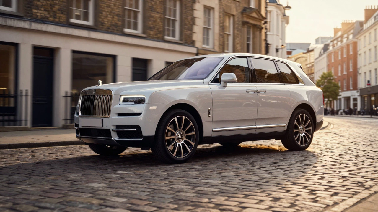 Luxury SUV with air suspension gliding smoothly over cobblestones at sunset
