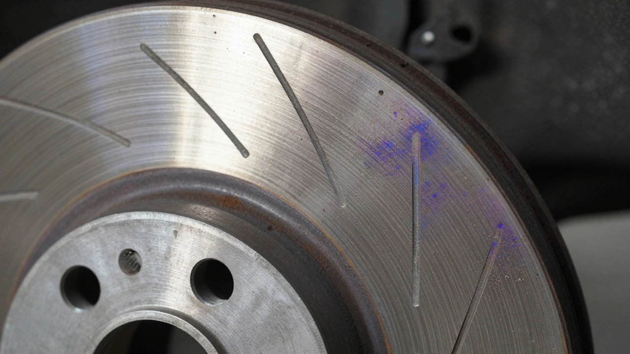 Macro shot of a damaged brake rotor showing deep grooves, pitting, and heat discoloration