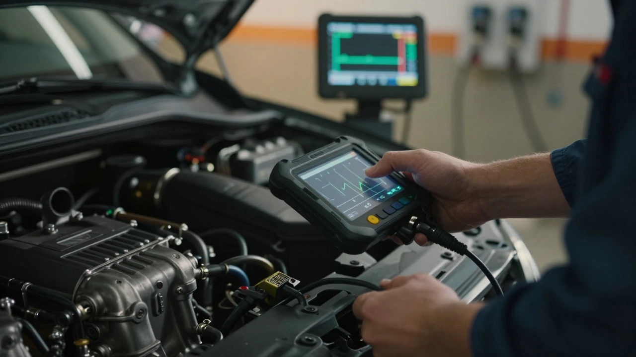Mechanic connecting a diagnostic scanner to a car's OBD port