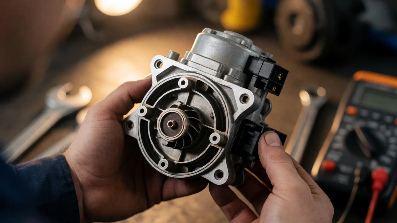 Mechanic holding worn fuel pump assembly in workshop