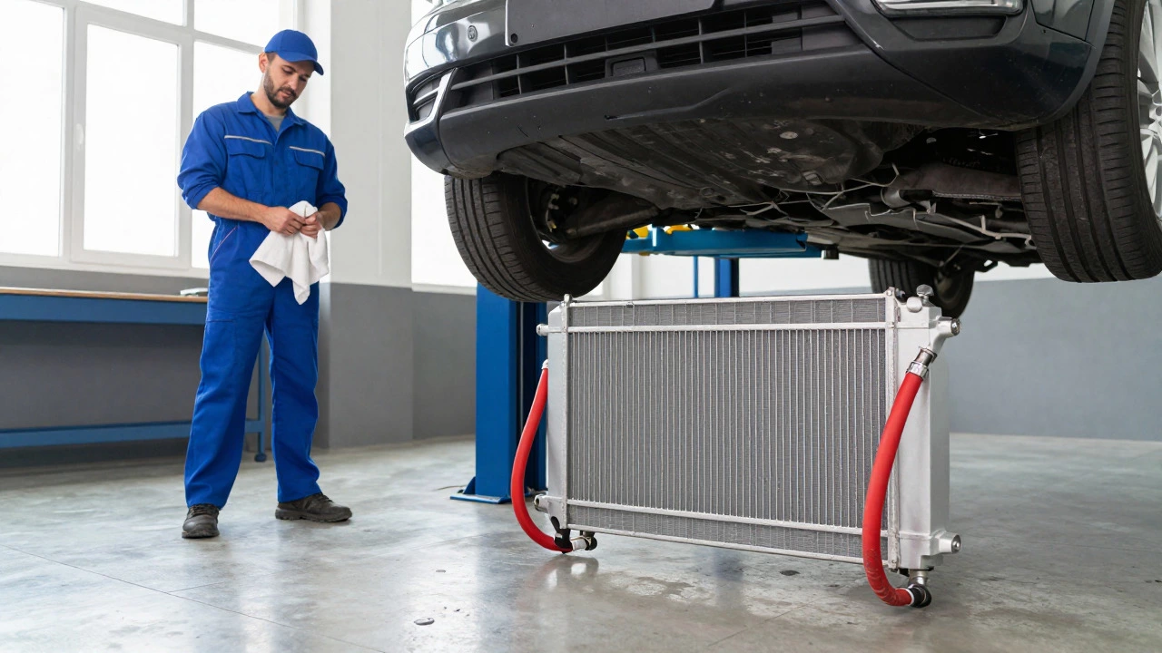 Mechanic inspecting a newly installed radiator in a clean auto shop
