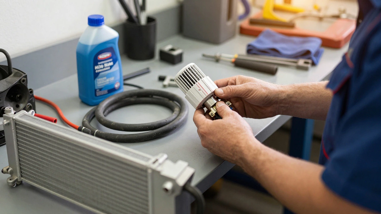 Mechanic inspecting thermostat and hoses during radiator repair