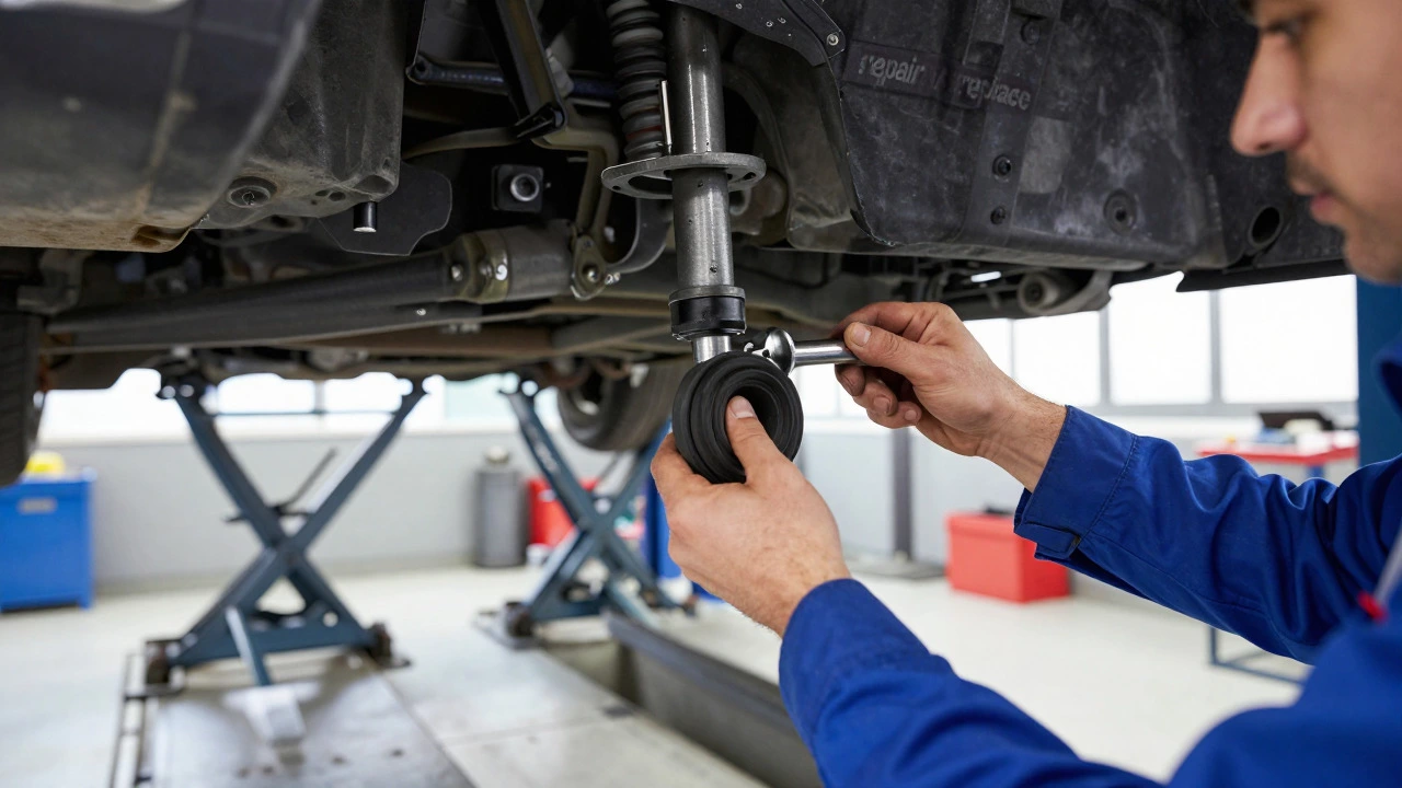 Mechanic pressing new bushings into a control arm on a lifted vehicle