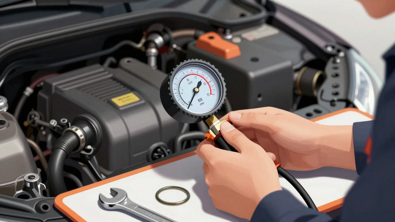 Mechanic testing fuel pressure on a car engine with a digital gauge
