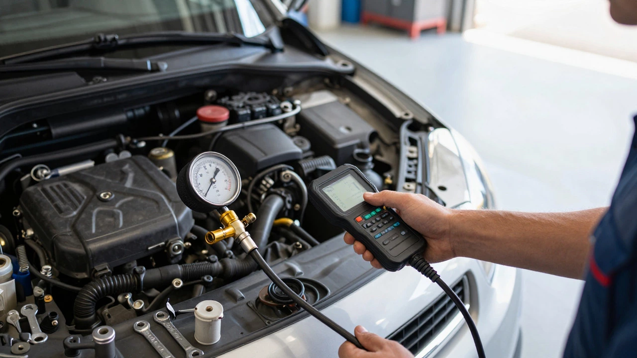 Mechanic testing fuel pressure with gauge and scanner