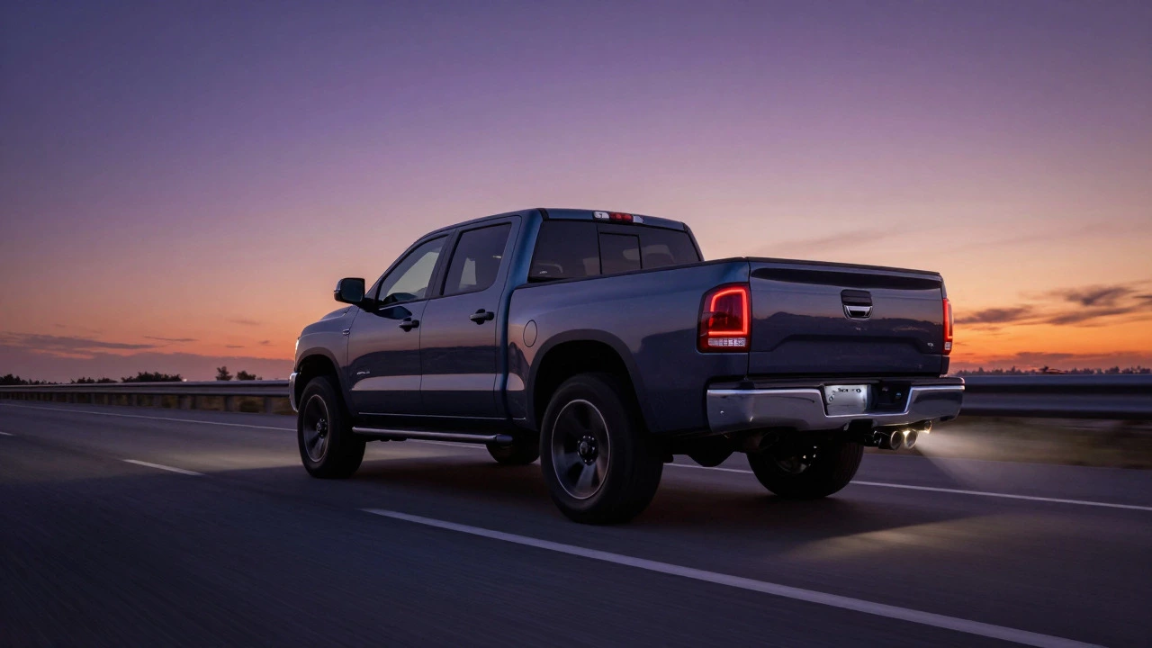 Pickup truck accelerating on a highway at dusk with visible exhaust effects