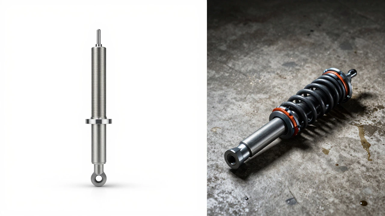 Side-by-side comparison of a new shock absorber and an old leaking one