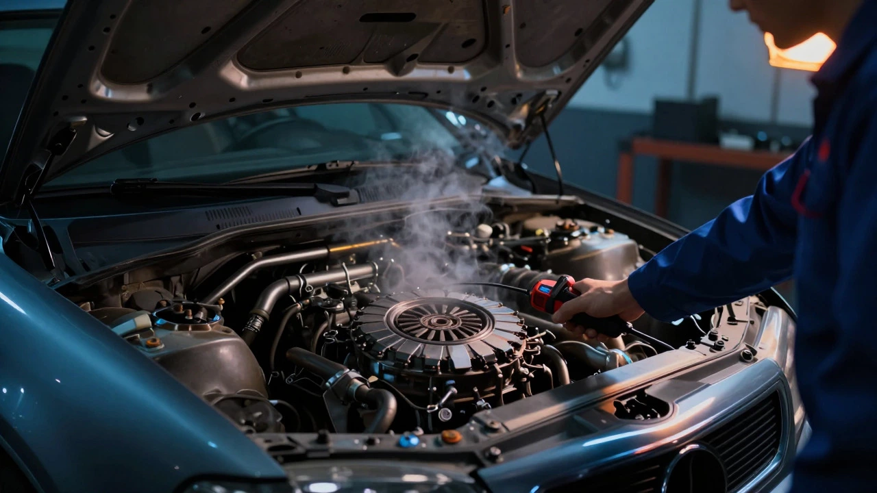 Steam rising from car engine bay suggesting overheated clutch